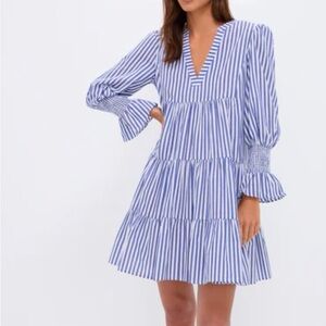 Tuckernuck Blue and White Striped V-Neck Tiered Mini Dress